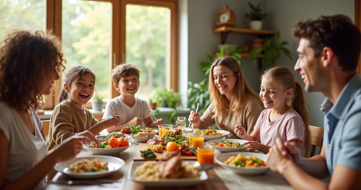 Família reunida à mesa com pratos integrais coloridos 