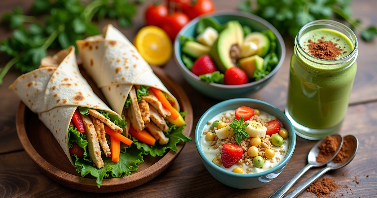 Quatro opções de refeições pós-treino saudáveis: wrap de frango, salada de quinoa, iogurte com granola e smoothie