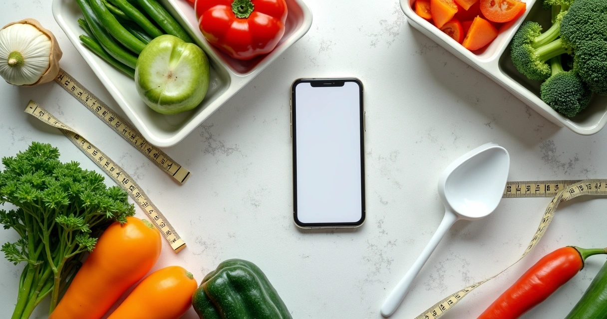 Marmitas saudáveis e celular com plano alimentar 