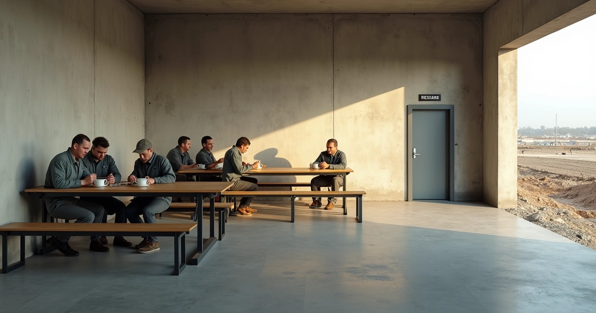Refeitório limpo e banheiro em canteiro de obras