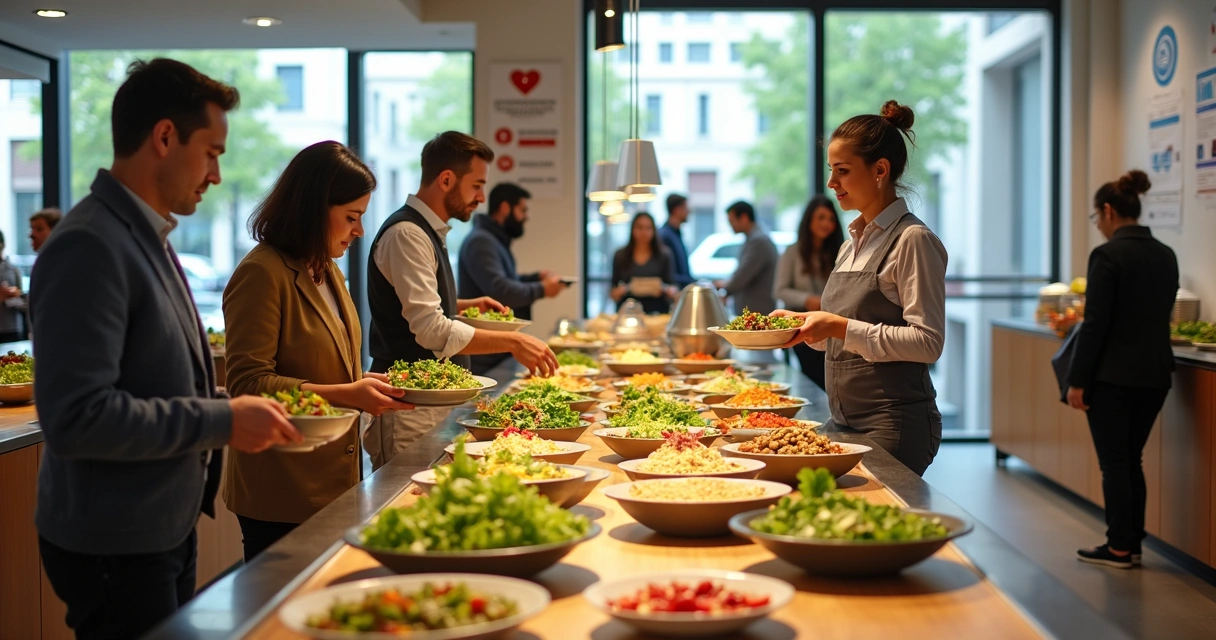 Colaboradores pegam refeições saudáveis em buffet corporativo moderno 