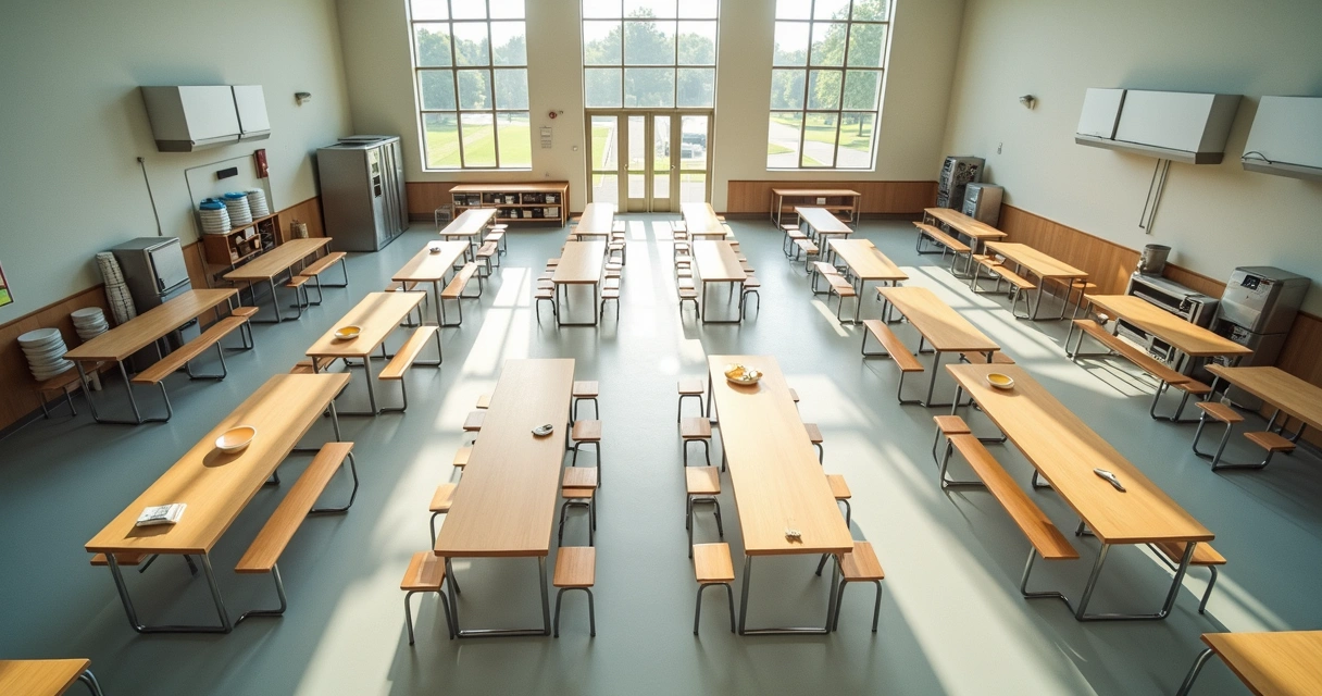 Refeitório escolar limpo e mesas organizadas 