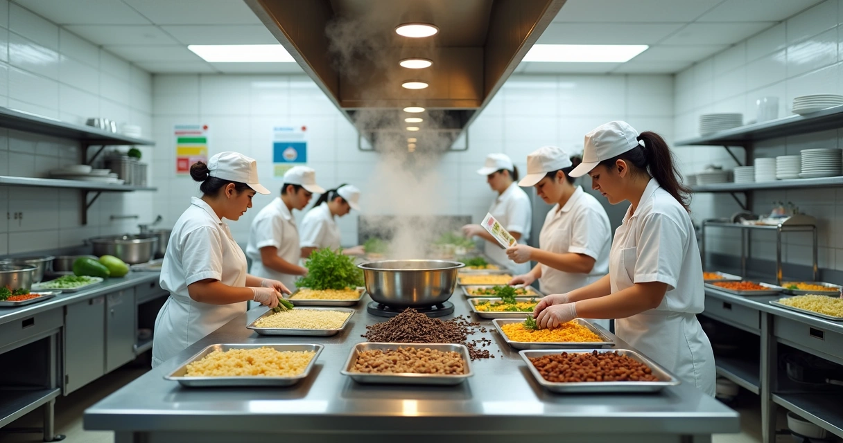 Equipe preparando alimentos em refeitório escolar 