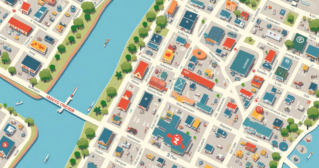 Ilustração destacando referências de bairro em mapa urbano com ícones de negócios locais