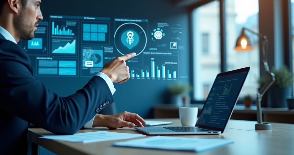 Pessoa no escritório mostrando conteúdo para inteligência artificial em tela digital 