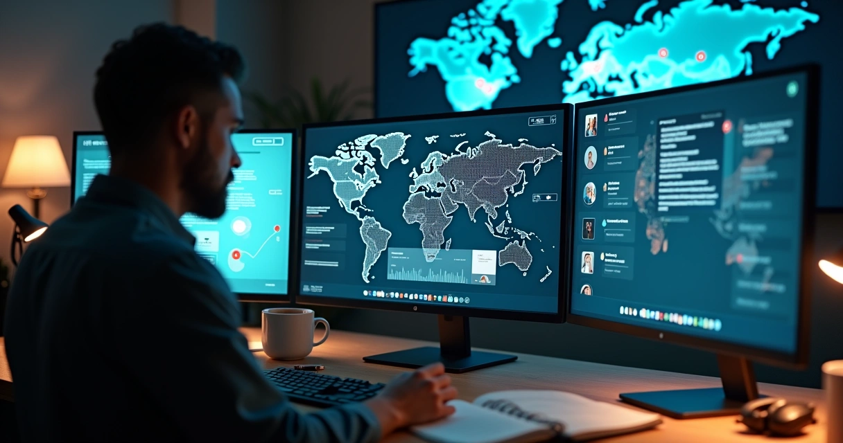 Pessoa avaliando conteúdos éticos em telas digitais com mapa-múndi ao fundo 