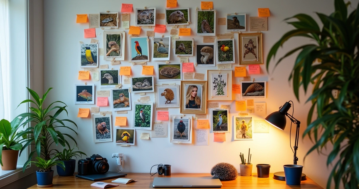 Painel de referências visuais para fotografia de pets exóticos, várias imagens coloridas e post-its coladas em uma parede branca. 