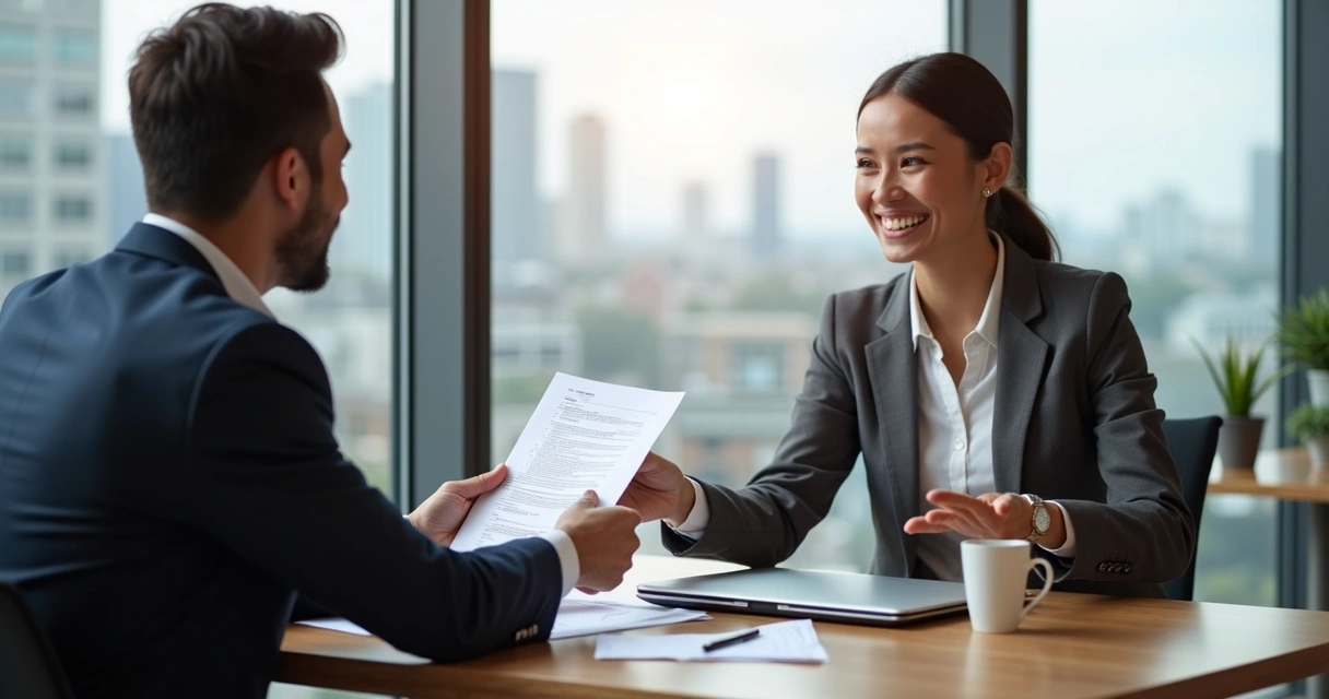 Profissional entregando carta de recomendação para recrutador em ambiente de entrevista de emprego 