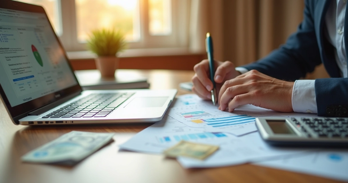 Pessoa analisando documentos financeiros e calculadora em mesa organizada 