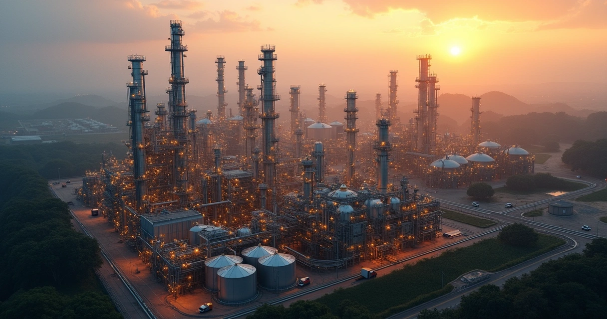 Refinaria com tanques e torres industriais ao entardecer 