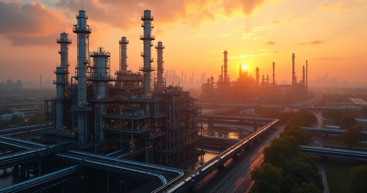 Refinaria petroquímica em Paulínia ao pôr do sol 