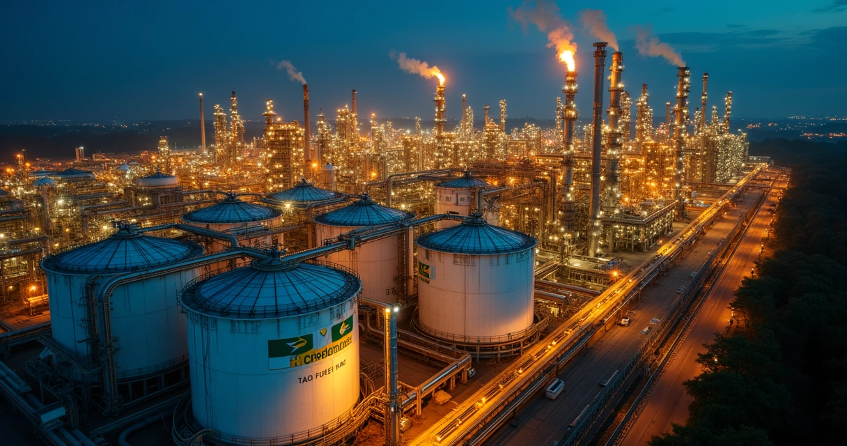 Refinaria da Petrobras iluminada à noite com chamas e tanques de armazenamento de combustíveis 