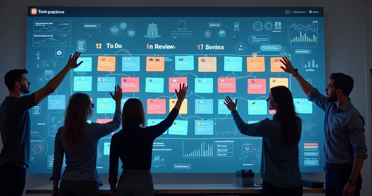 Campos de tarefas digitais sendo organizados por equipe em tela touch 