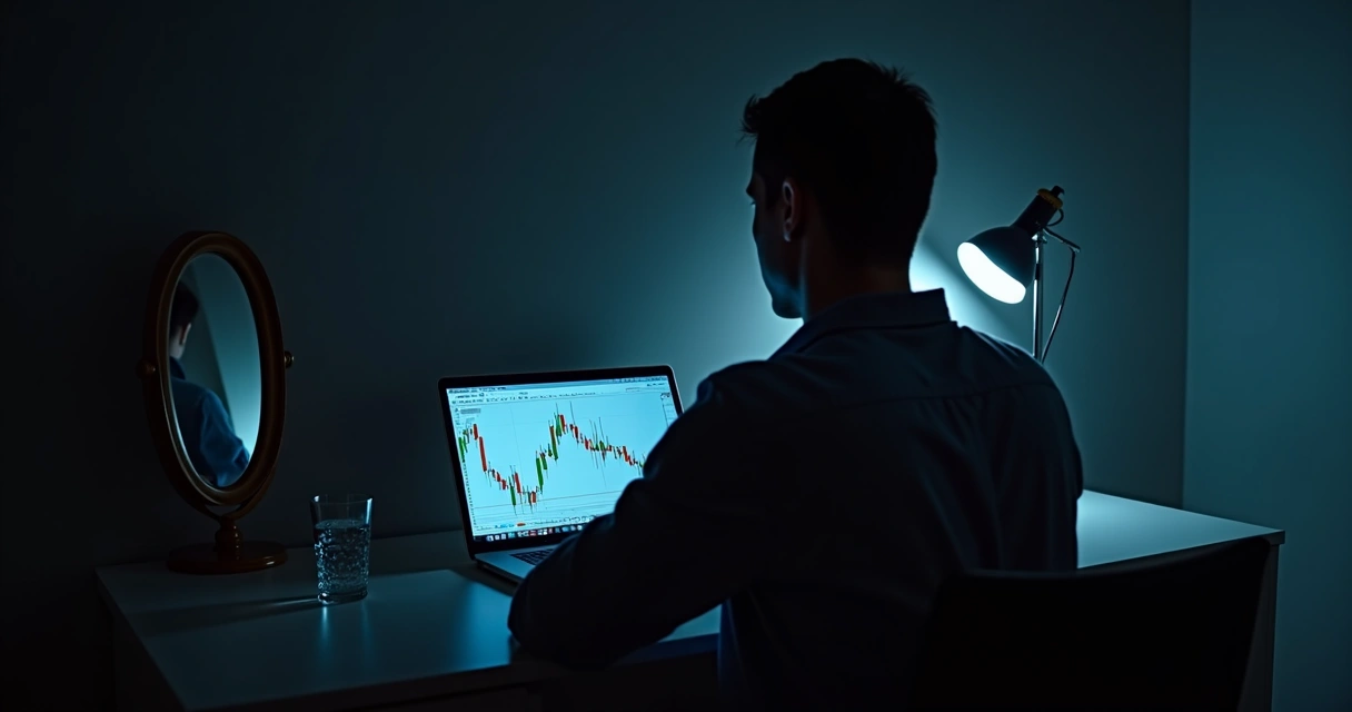 Pessoa refletindo com laptop aberto mostrando gráficos de Forex 