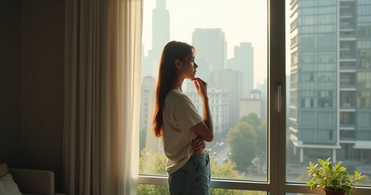 Woman looking out a large window, reflecting quietly with a thoughtful expression.
