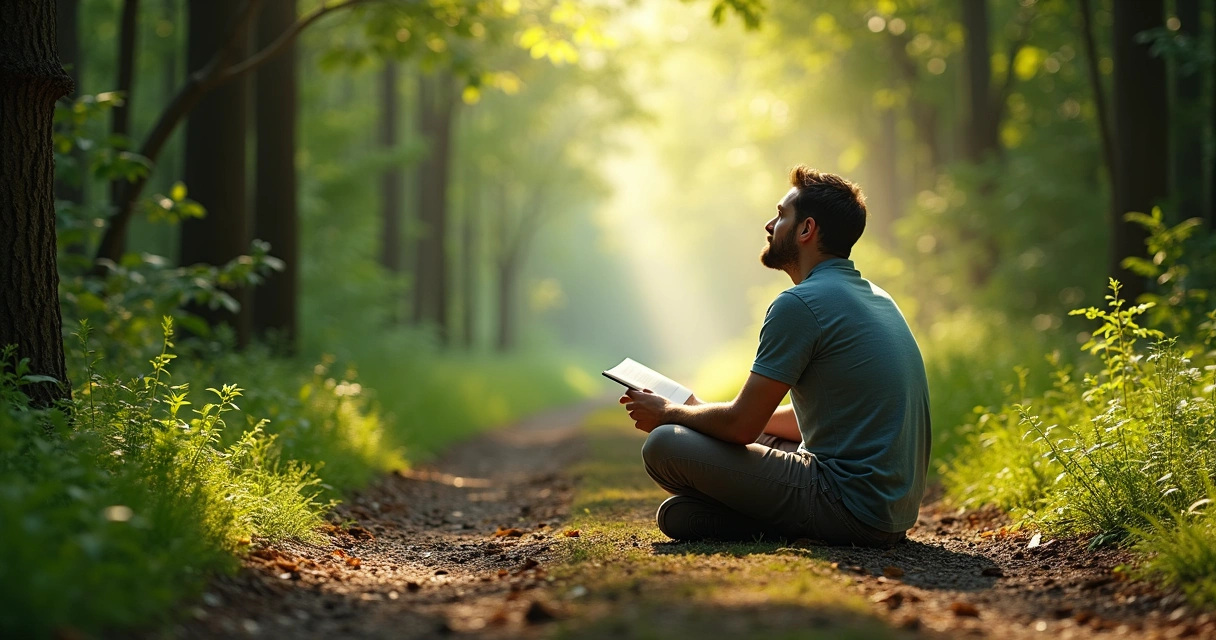 Man sitting on a forest path reflecting