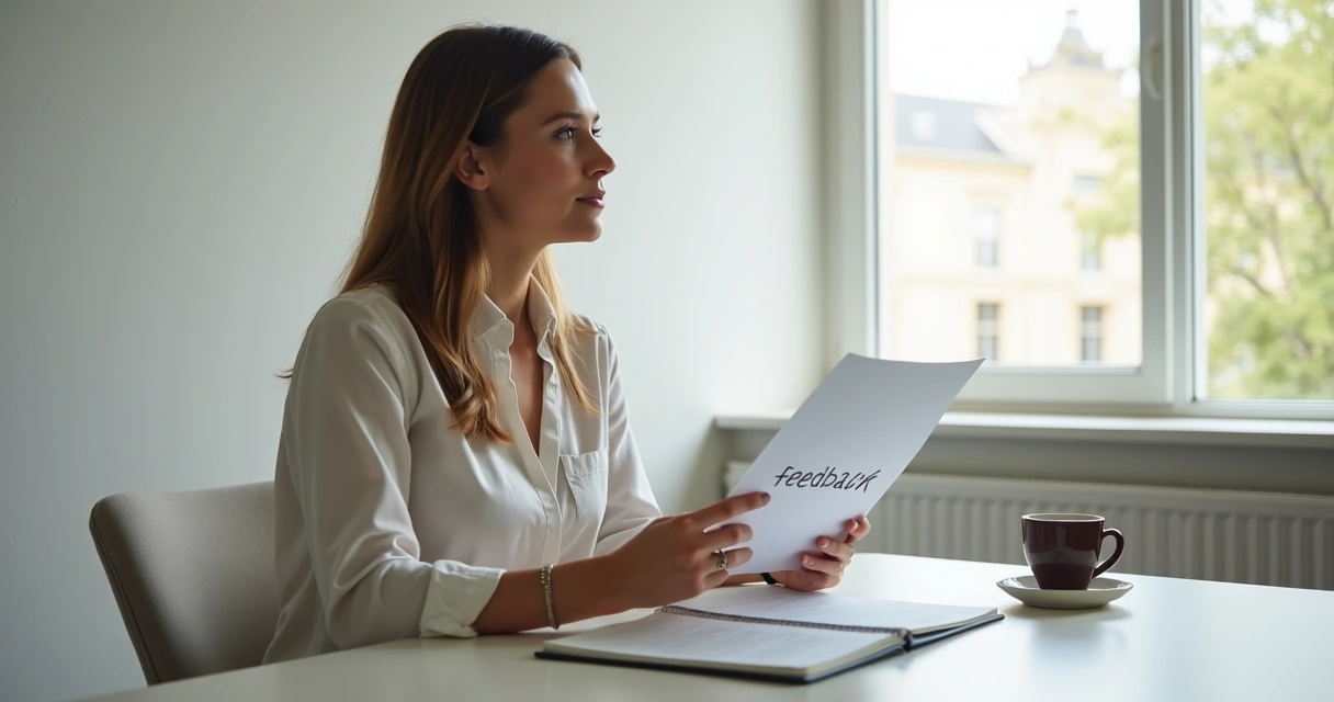 Woman reflecting alone in light office, holding feedback sheet