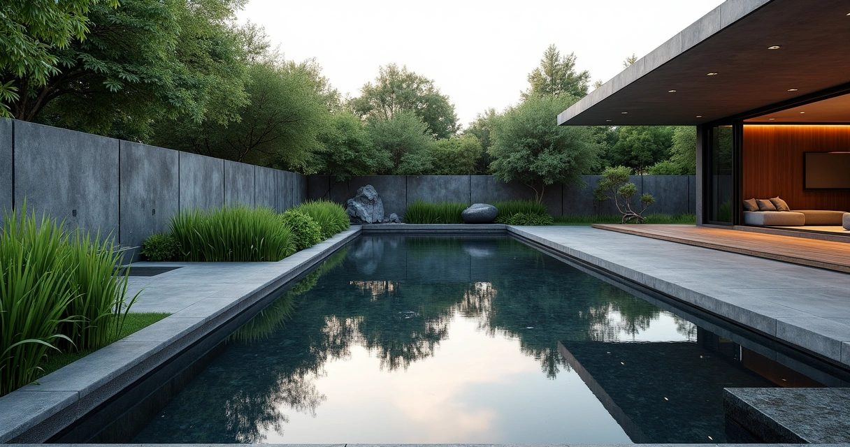 Modern garden reflecting pool with surrounding greenery and a house 