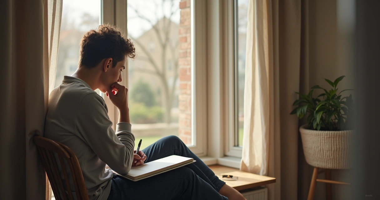 Adult looking out window, thoughtful, notebook in lap 