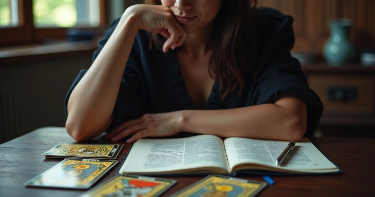 Reader pausing thoughtfully over tarot cards 