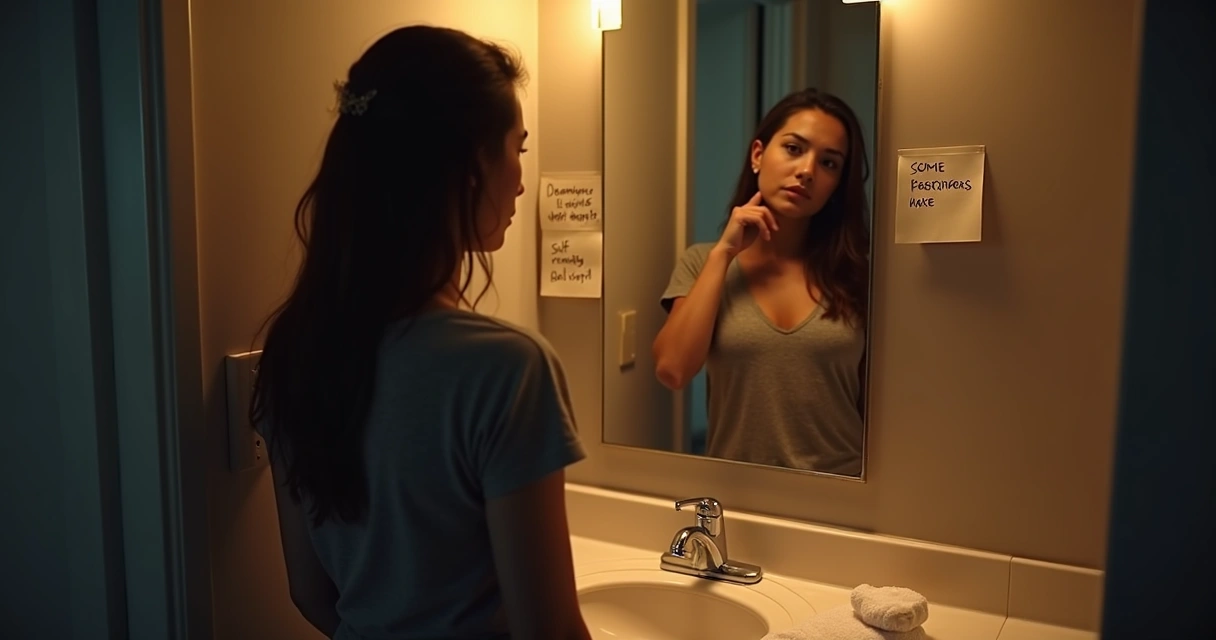 Person reflecting in bathroom mirror with notes nearby