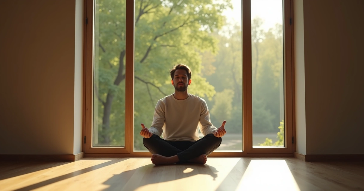 Person sitting on floor, eyes closed in reflection