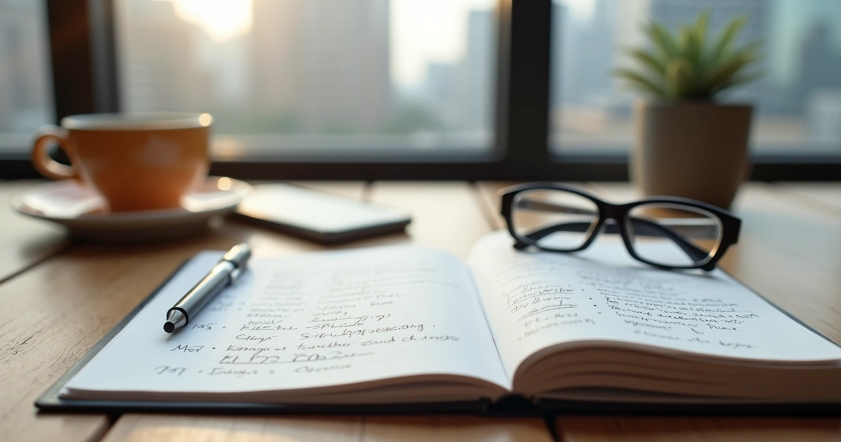Notebook and glasses beside a window before a public decision
