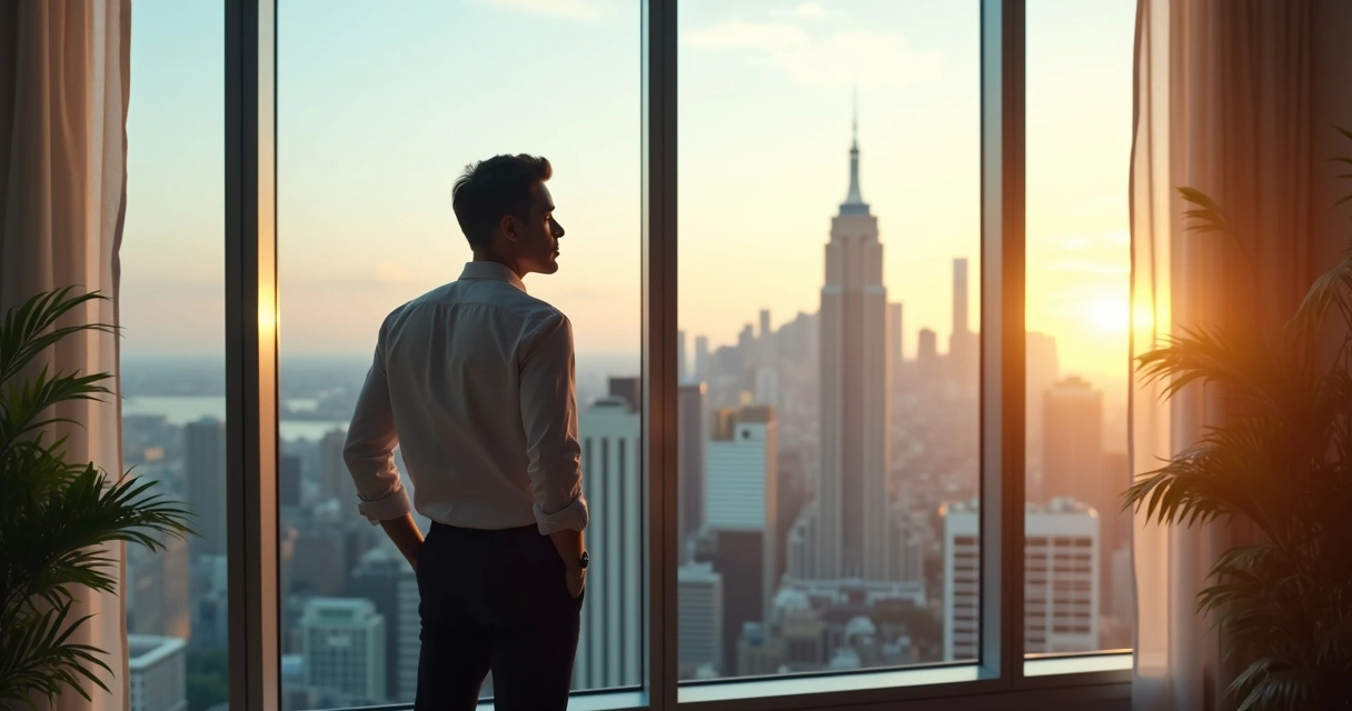 Leader reflecting quietly by office window, city skyline visible behind. 