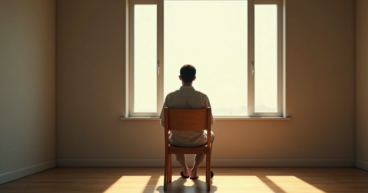 Person reflecting alone in a chair by a window 