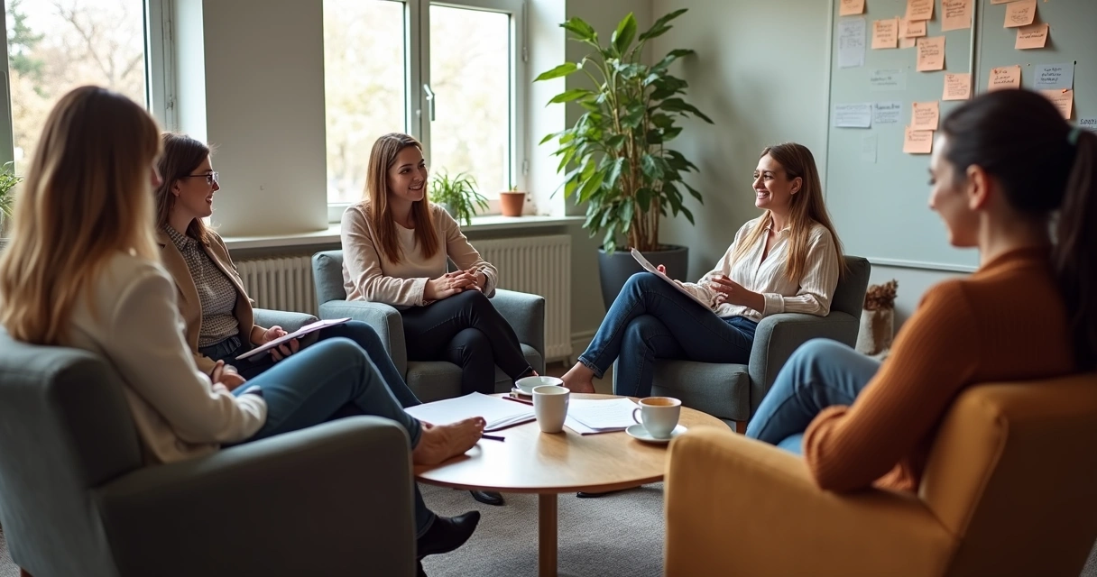 Team gathered in a casual circle, sharing ideas openly
