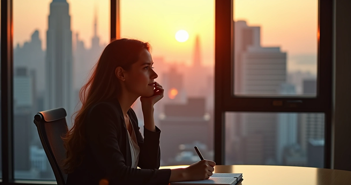 Professional reflecting in notebook overlooking city during sunset