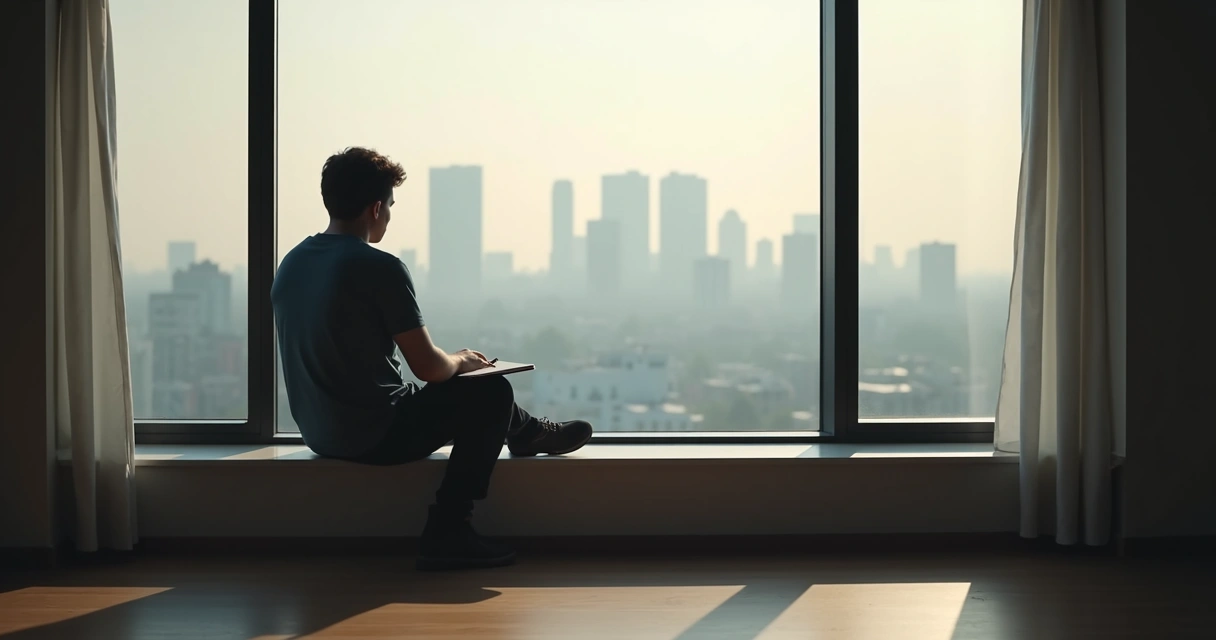 Person reflecting by a window with city view