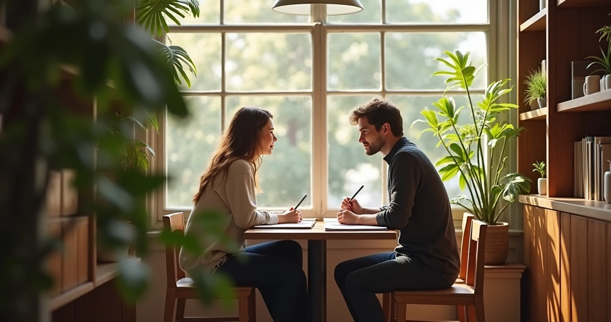 Two people in a cafe, discussing deeply, notebook between them 