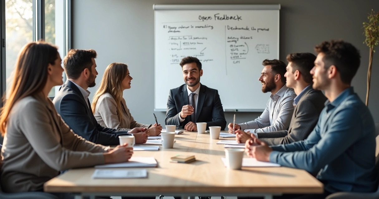 Team discussing feedback in a meeting room 