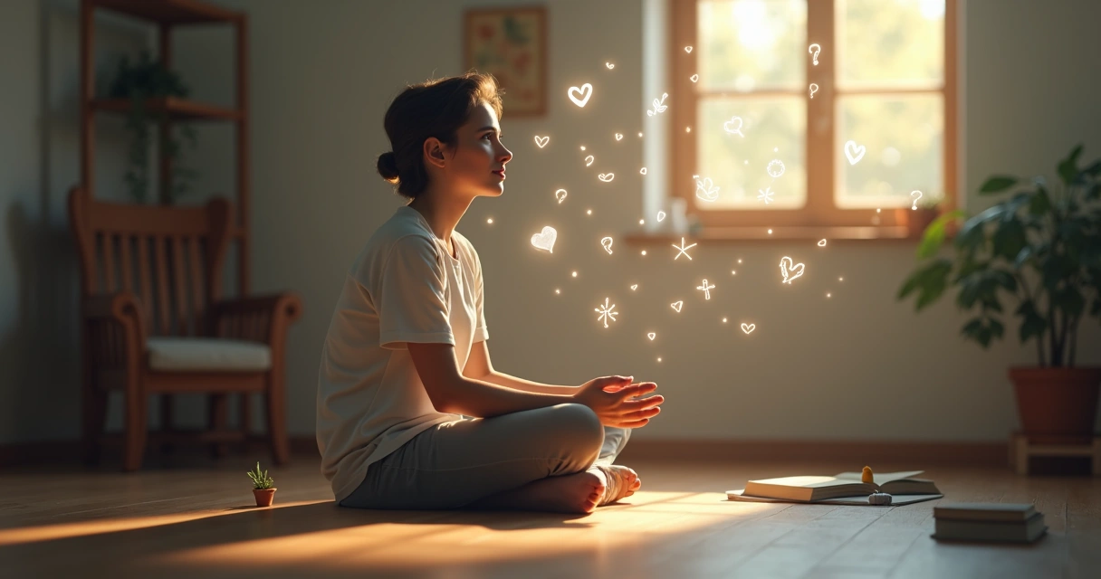 Person sitting quietly in thoughtful reflection, surrounded by symbols of growth and emotional awareness 