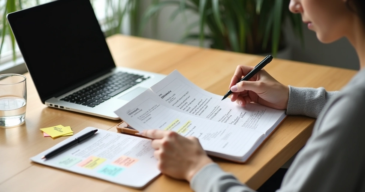 Person reviewing notes and feedback at a desk 