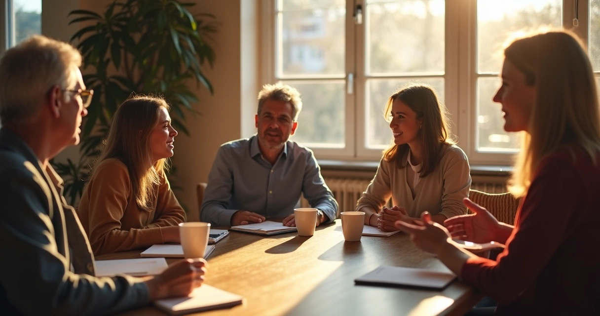 Small group having reflective conversation in sunlit room 