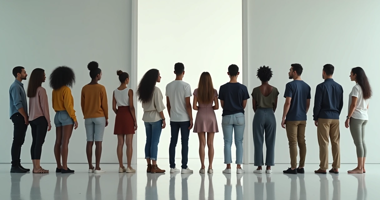 Group of people facing a large mirror, seeing both themselves and each other 