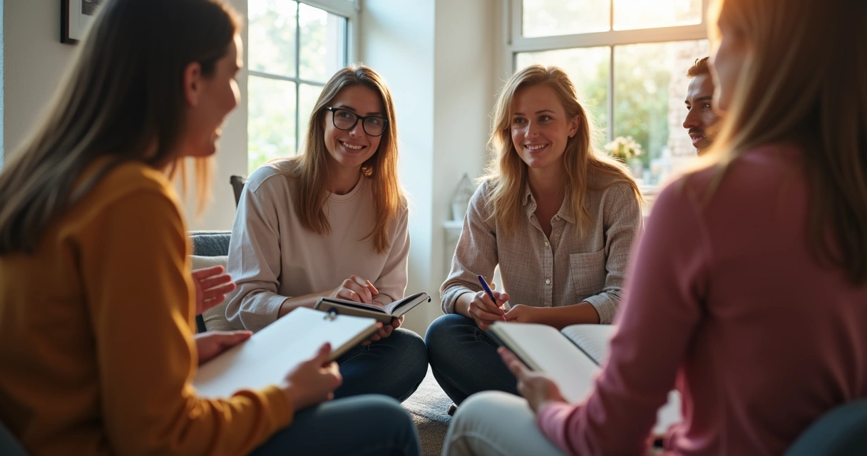 Small group in a circle, calmly discussing and reflecting together 