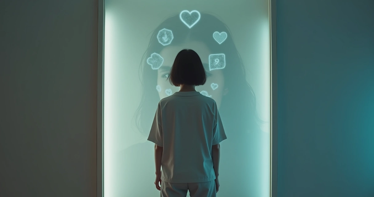 Person looking at their reflection in a mirror with social media symbols overlay 