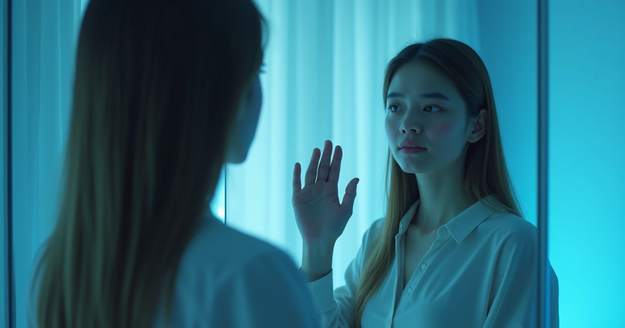 Person contemplating their own reflection in the mirror. 