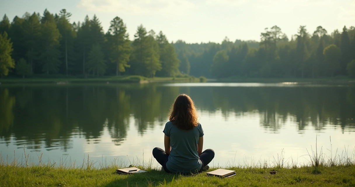 Person meditating by a lake surrounded by trees with a journal nearby 