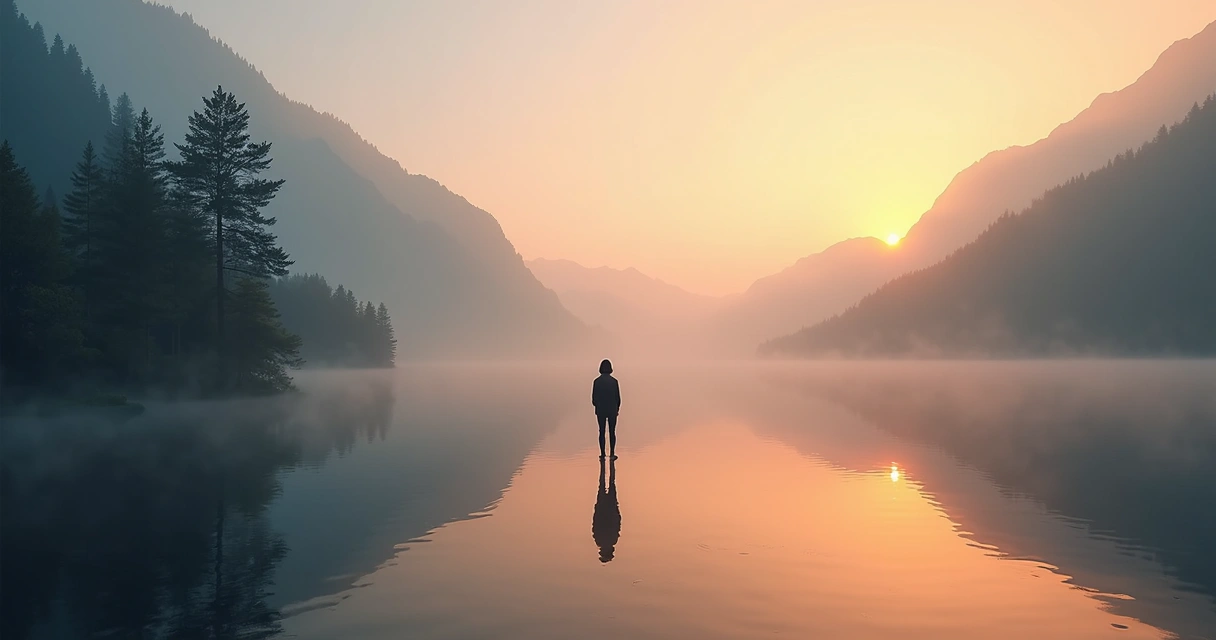 Person standing by a lake in nature, reflecting at sunrise 
