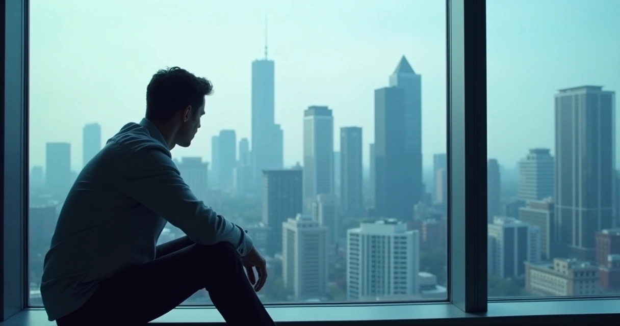 Person sitting alone reflecting, with faint images of group interactions behind them. 