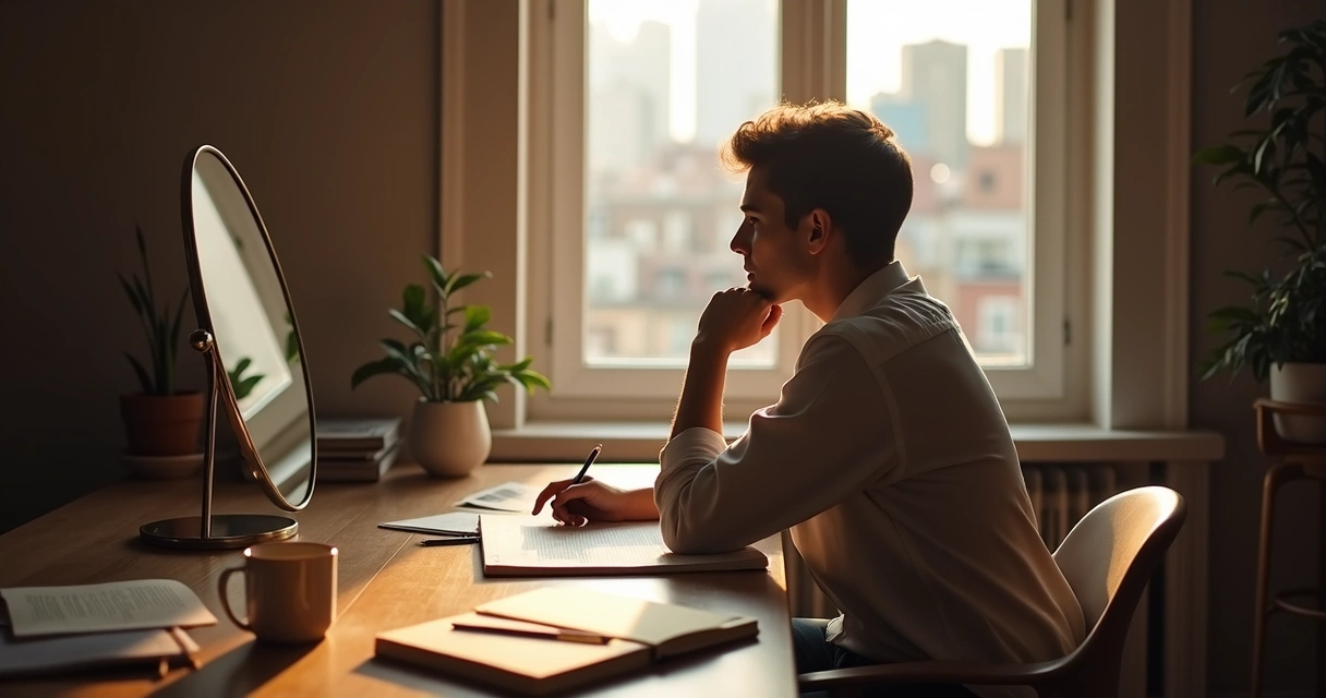 A person seated at a desk reflecting, with a notebook and a mirror nearby.