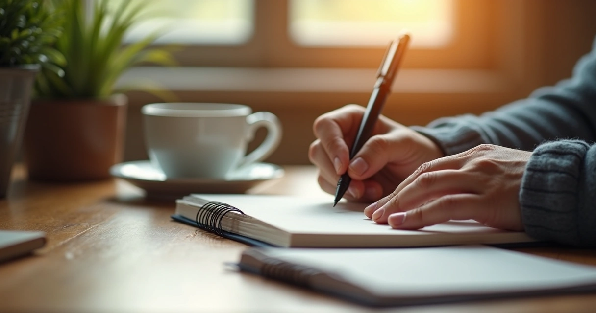 Person writing in a reflective journal at a wooden table. 