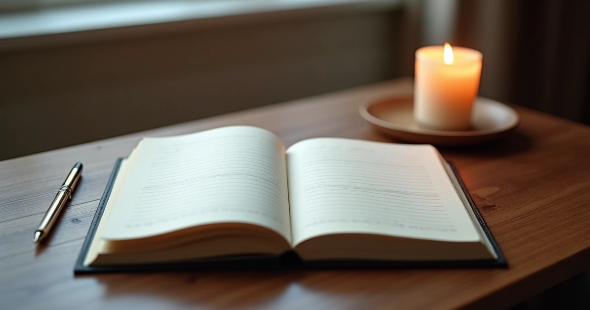 Open journal and lit candle on a tidy desk, suggesting self-reflection. 