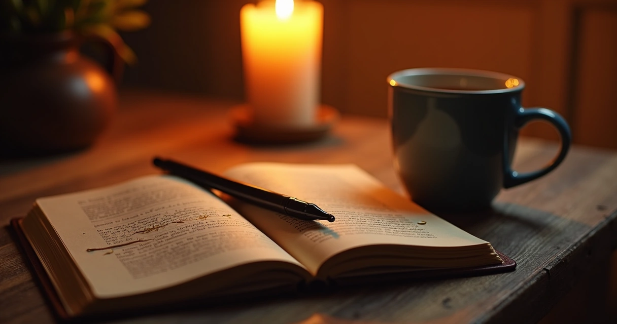 Open journal with candle and cup at night, warm lighting 