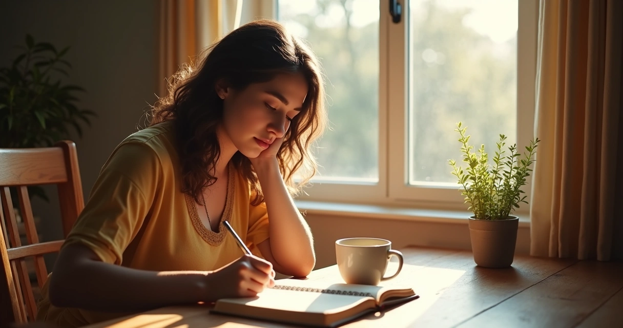 Person at desk writing in a journal, soft light, thoughtful expression 