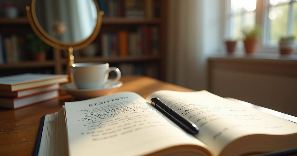 Open journal with notes beside a mirror and warm desk light